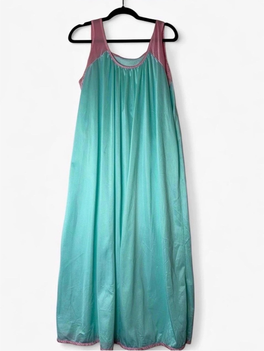 Vintage 80s Mint Aqua & Pink Nylon Tricot Maxi Nightgown 1X USA